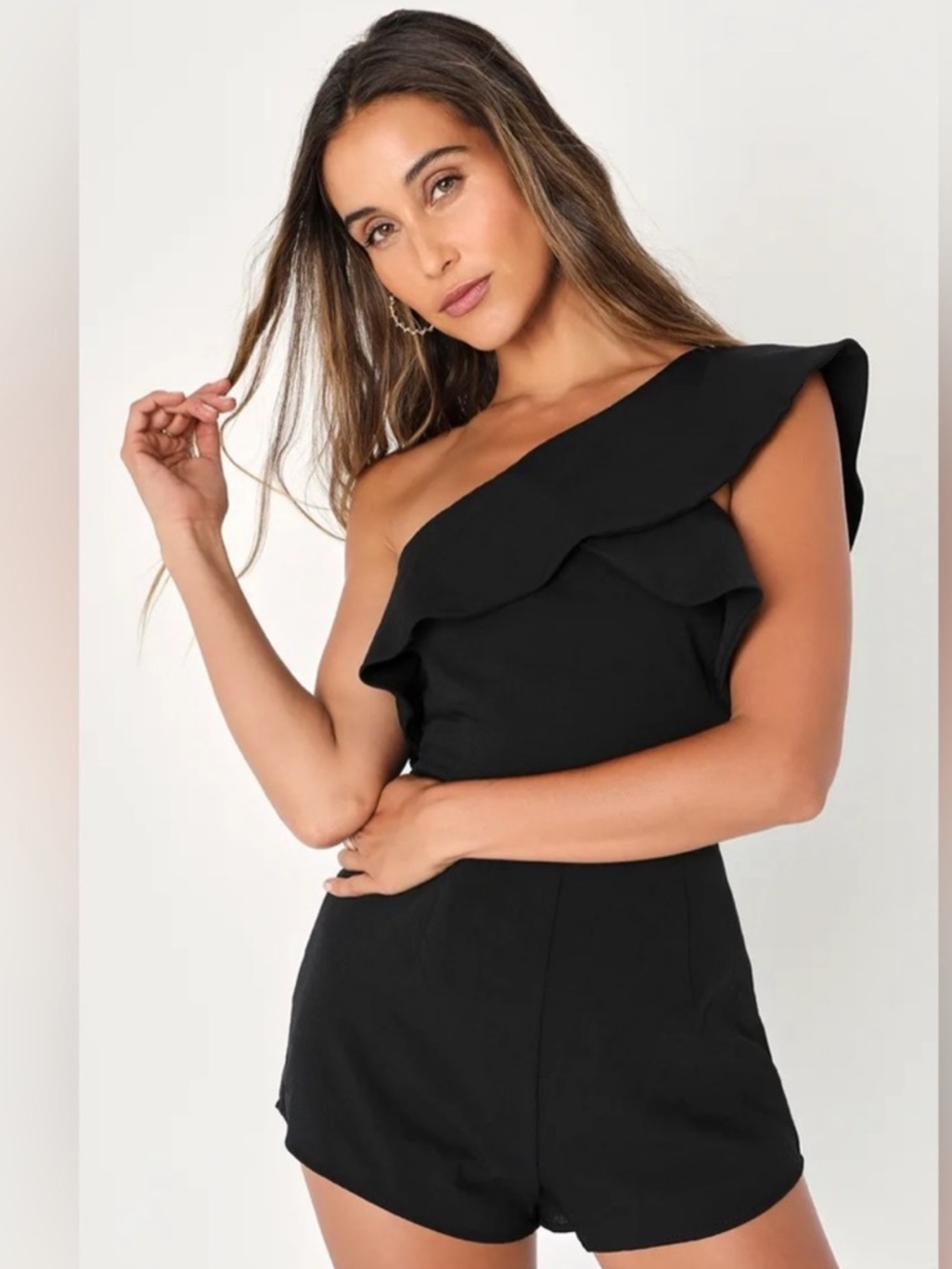 Butterfly Effect Black One-Shoulder Romper
Lulus Black Medium